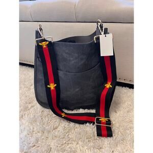 Grey Leather Adjustable Embroidered Bee Yellow and Red Strap Crossbody New Bag